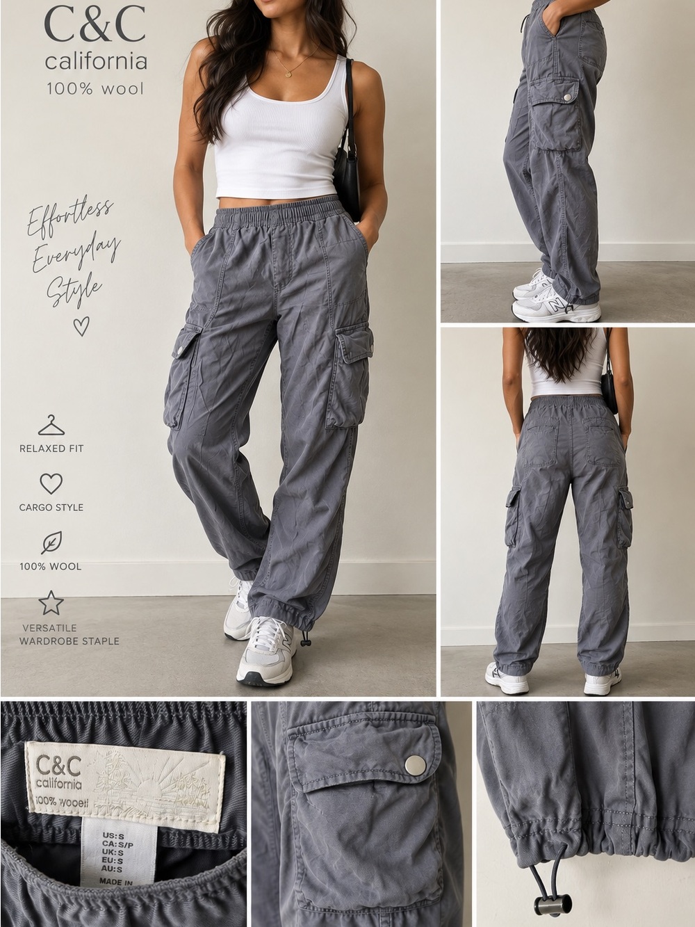 C&C California Grey Cargo Jogger Pants Size Small Lyocell Drawstring